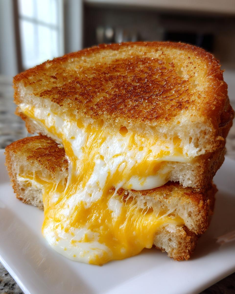 Stack of two halves of a grilled cheese sandwich with melted cheese oozing out.