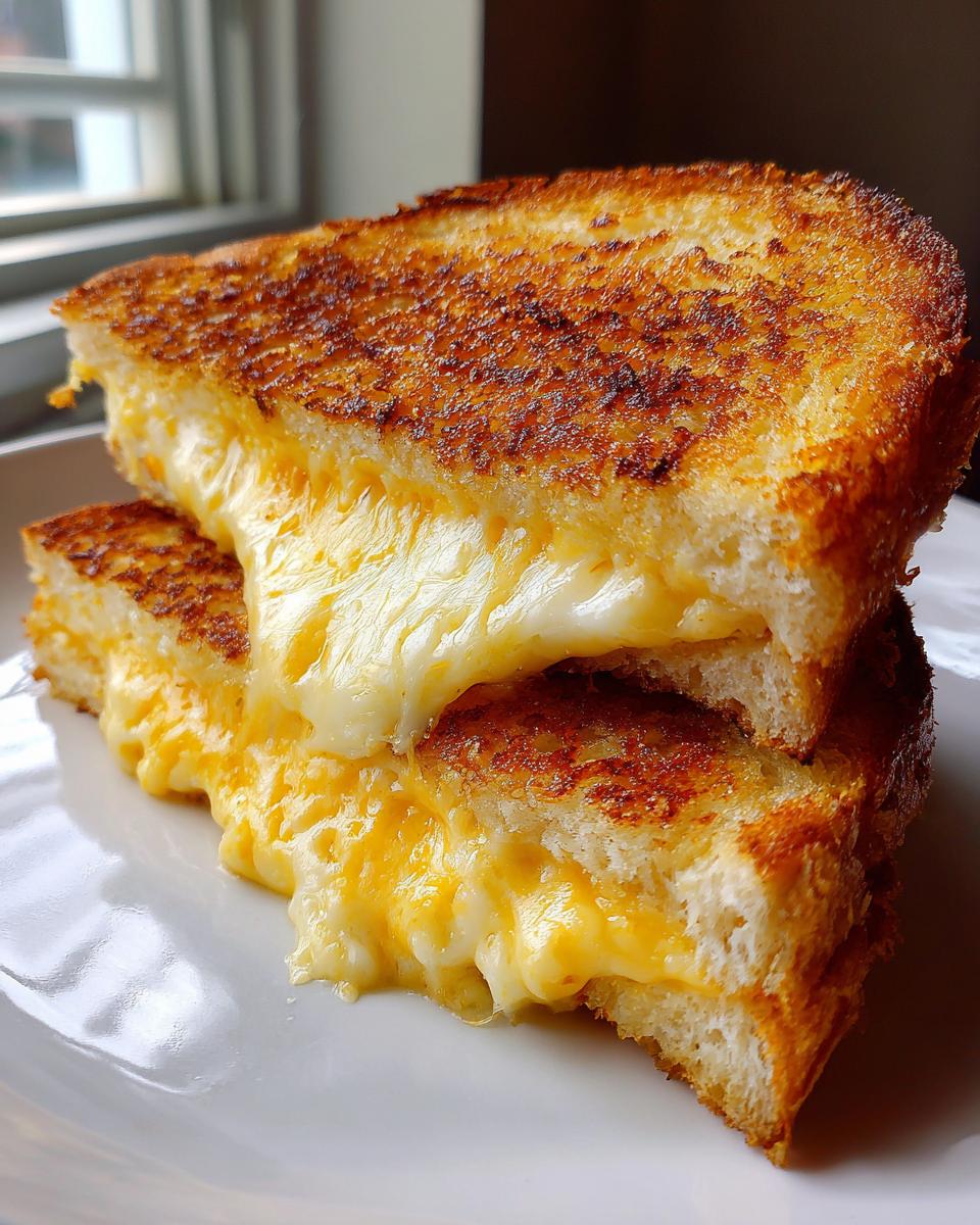 Stack of two golden-brown grilled cheese sandwiches with melted cheese oozing out.
