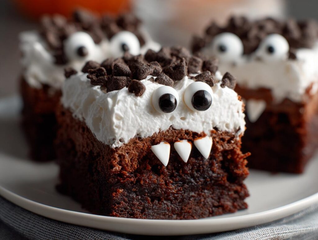 Close-up of a Halloween Monster Brownie with white frosting, chocolate chip fur, candy eyes, and white candy fangs.