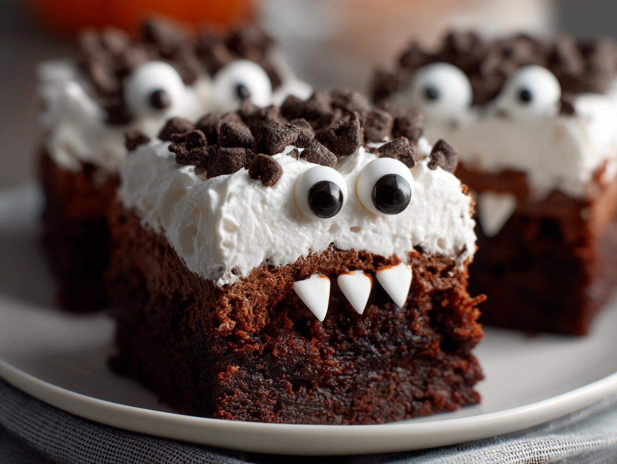 Close-up of a Halloween Monster Brownie with white frosting, chocolate chip fur, candy eyes, and white candy fangs.