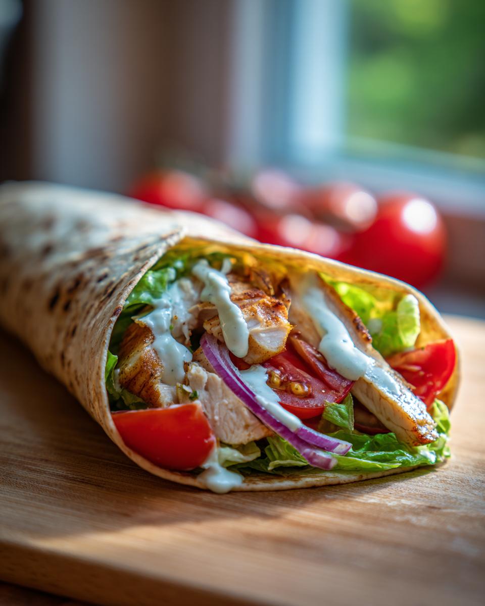 A delicious and vibrant healthy chicken wrap for weight loss, filled with fresh vegetables and a creamy sauce.