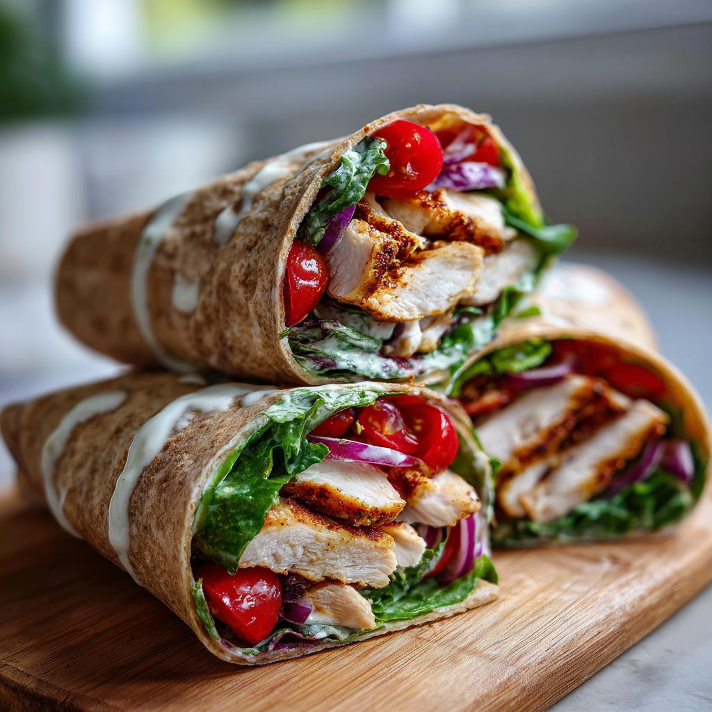 Three healthy chicken wraps for weight loss stacked on a wooden board, filled with chicken, lettuce, tomato, and red onion.