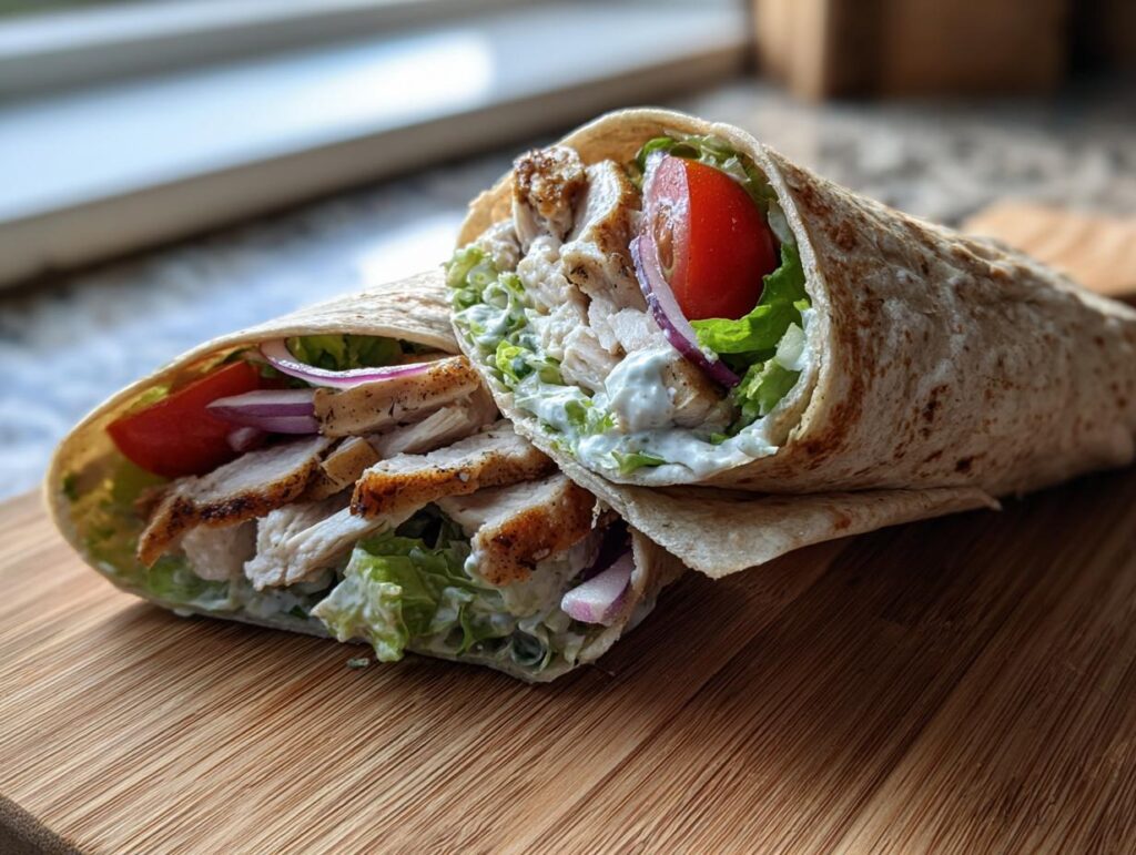 Two healthy chicken wraps for weight loss, filled with grilled chicken, lettuce, tomato, and red onion on a wooden board.