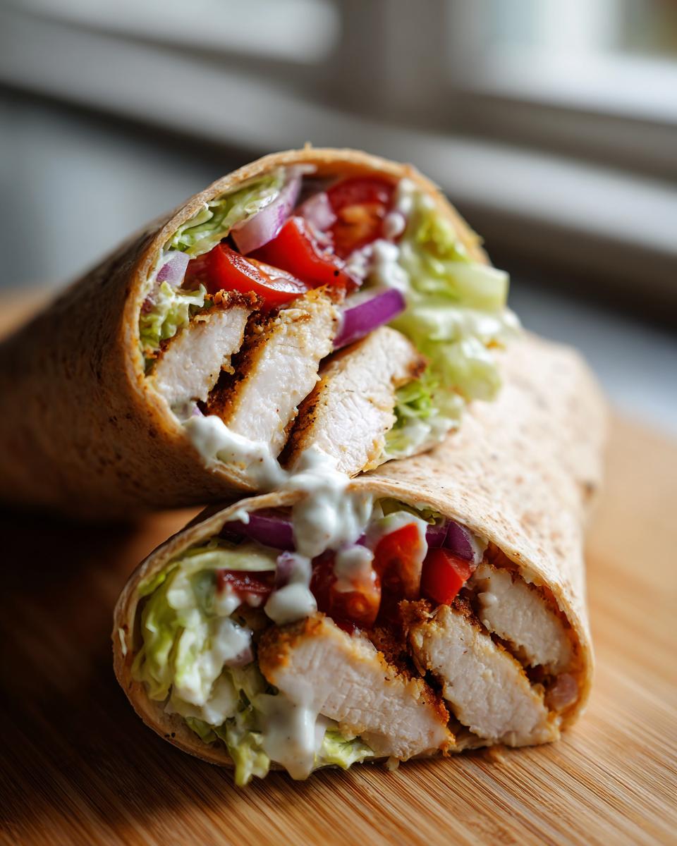 Two healthy wraps for weight loss filled with chicken, lettuce, tomato, onion, and a creamy sauce.