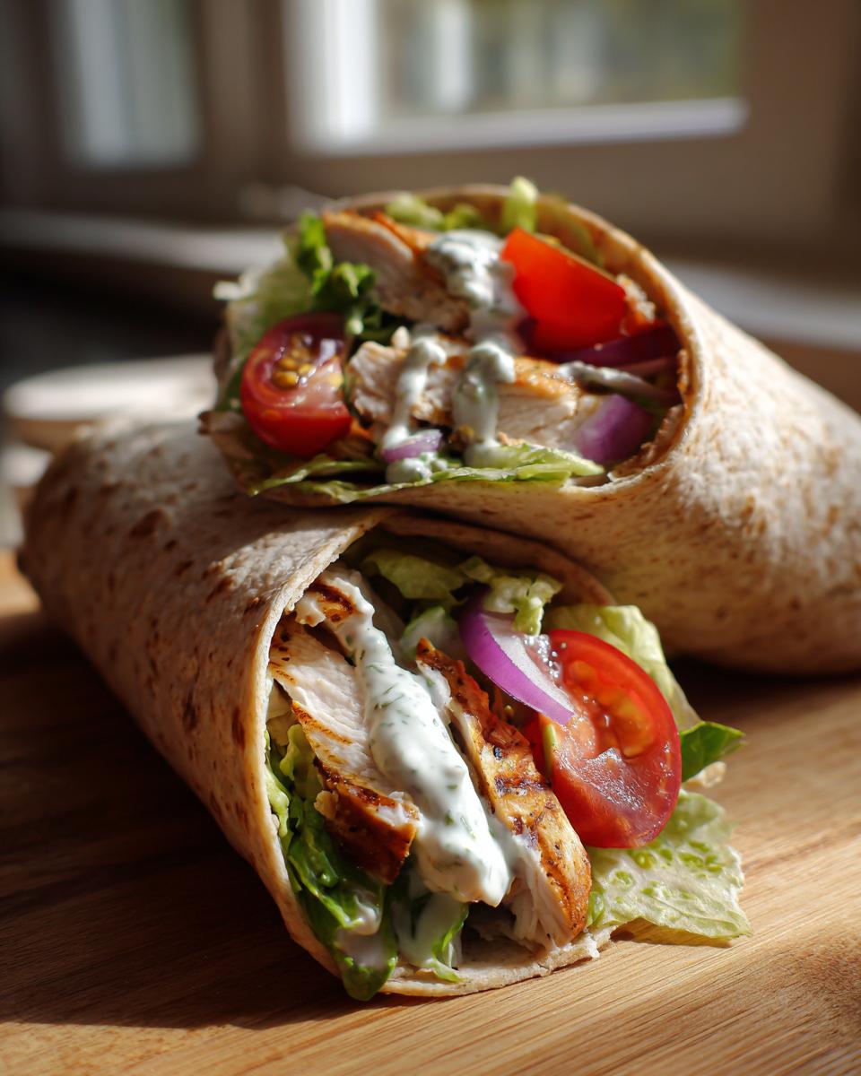 Two healthy chicken wraps for weight loss, filled with lettuce, tomato, red onion, grilled chicken, and a creamy sauce.