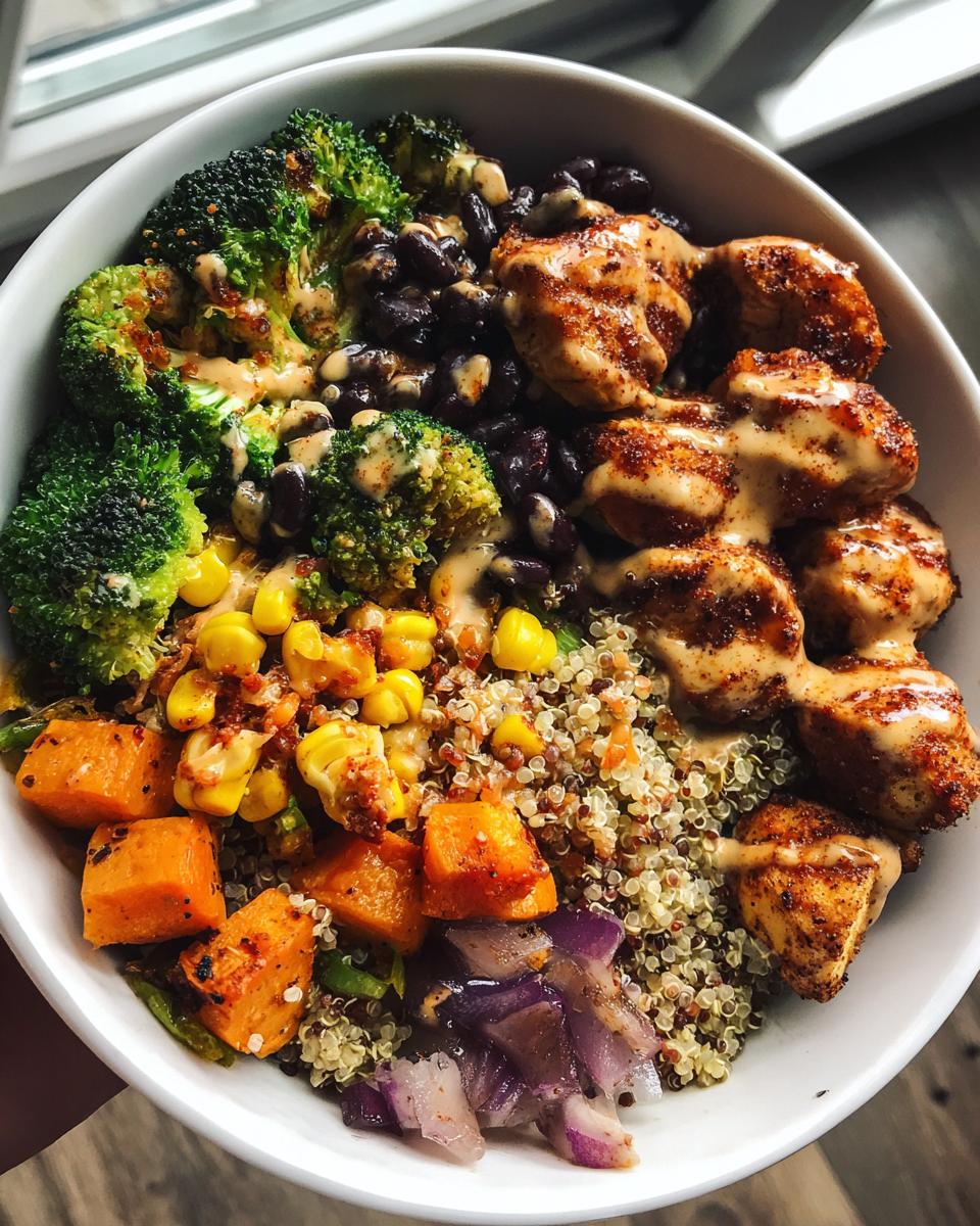 Overhead shot of a vibrant healthy dinner bowl with chicken, broccoli, corn, quinoa, and a creamy sauce.