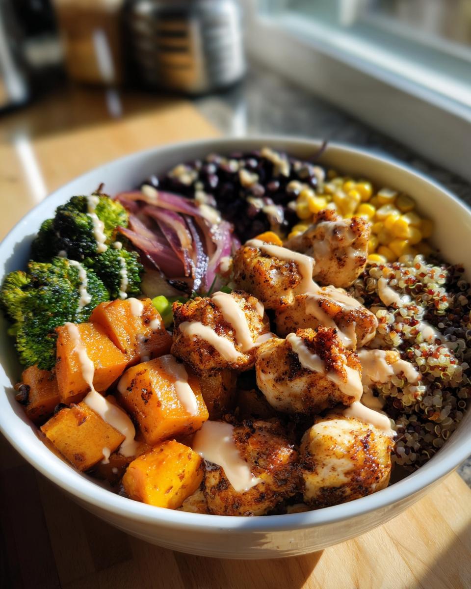Overhead shot of a healthy dinner bowl filled with chicken, quinoa, vegetables, and a creamy sauce.