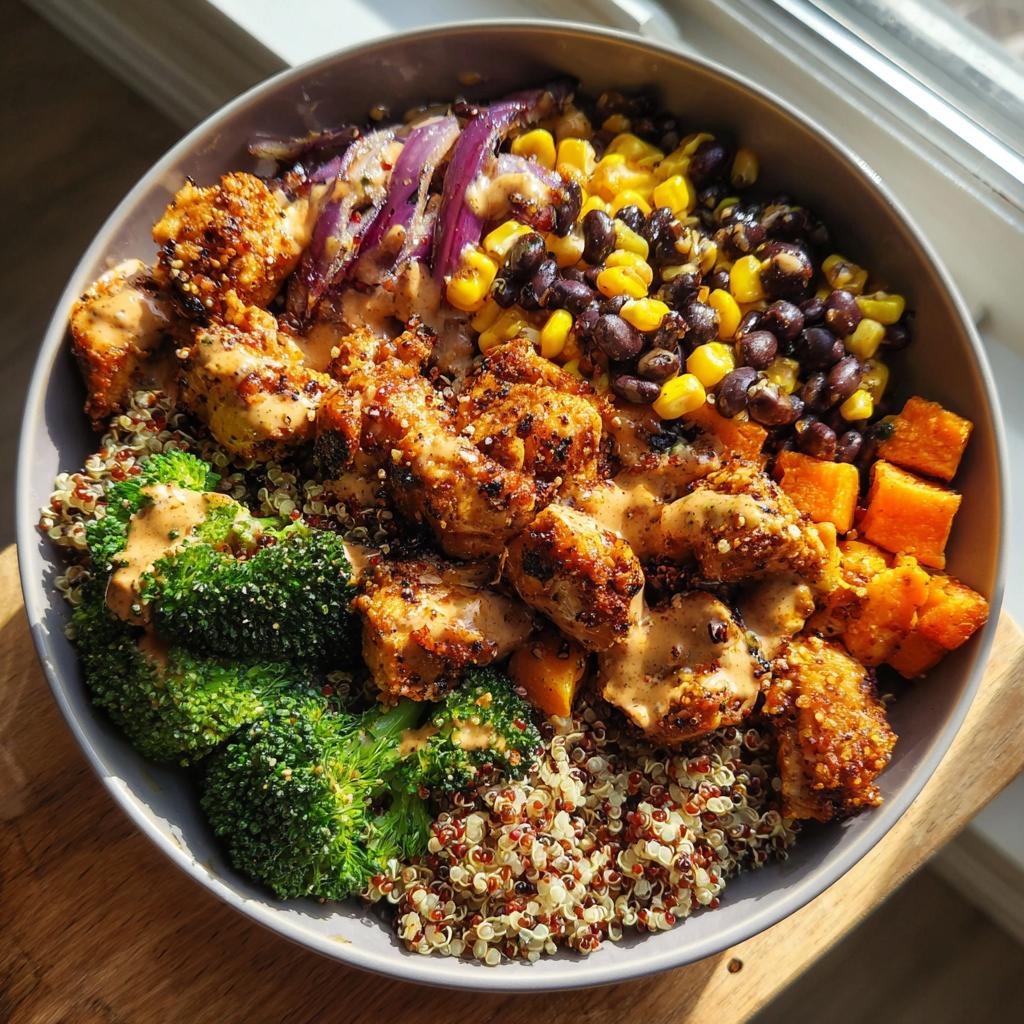 Overhead shot of a vibrant healthy dinner bowl with chicken, quinoa, broccoli, corn, beans, and a creamy sauce.