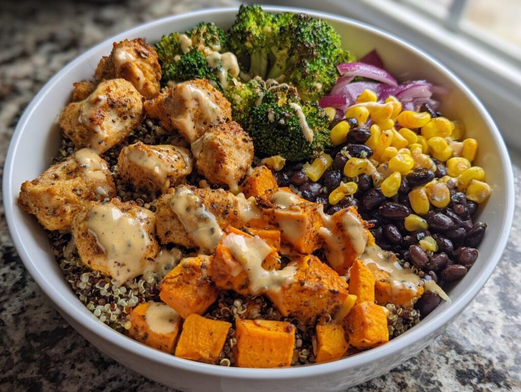 Overhead shot of a healthy dinner bowl with quinoa, chicken, sweet potato, broccoli, corn, and black beans.
