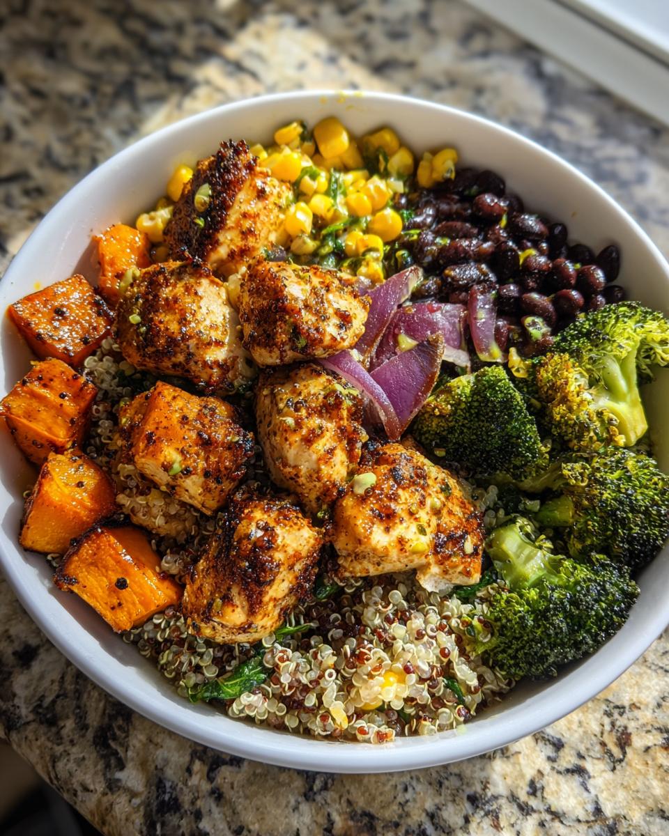 A vibrant healthy dinner bowl with chicken, quinoa, sweet potato, corn, black beans, red onion, and broccoli.