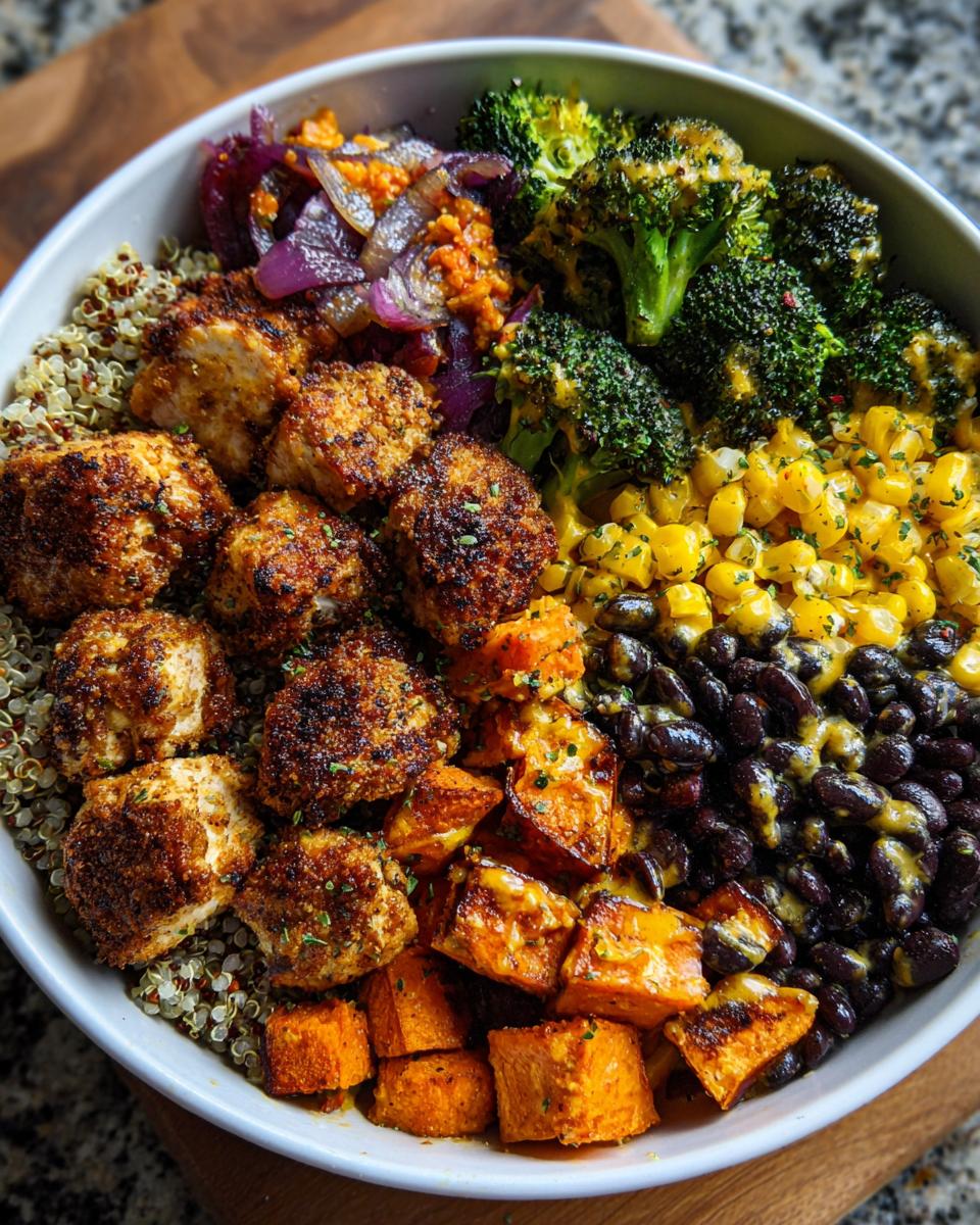 Overhead shot of a vibrant healthy dinner bowls with quinoa, chicken, broccoli, corn, beans, and sweet potato.