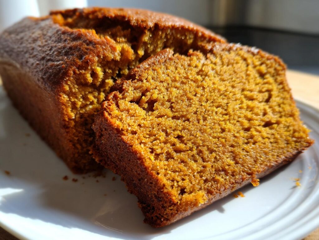 A close-up of moist Healthy Whole Wheat Pumpkin Bread, with one slice cut and resting on a white plate.