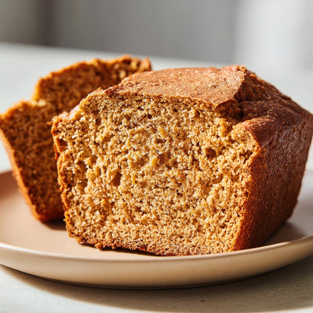 Close-up of a slice of moist Healthy Whole Wheat Pumpkin Bread on a plate.