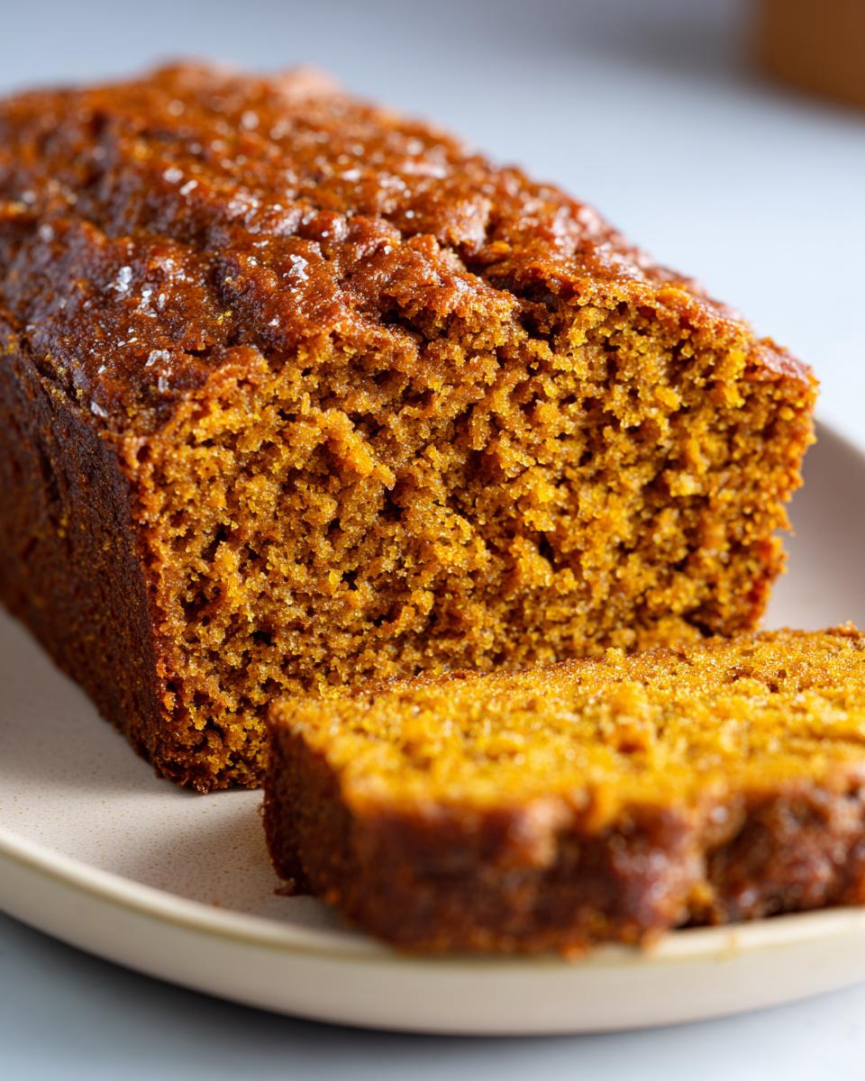 A close-up shot of a slice of moist healthy whole wheat pumpkin bread on a plate.