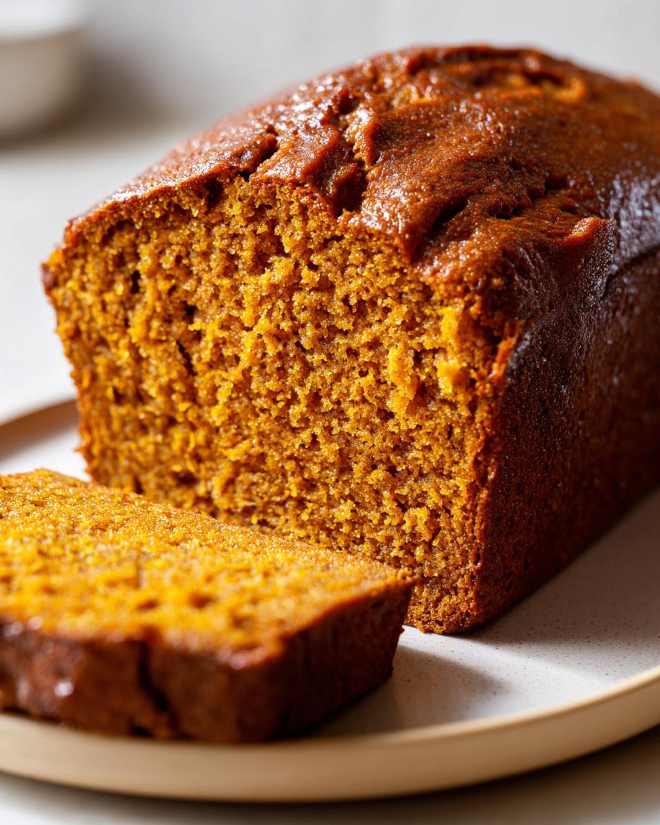 A close-up shot of a slice of moist healthy whole wheat pumpkin bread on a plate.