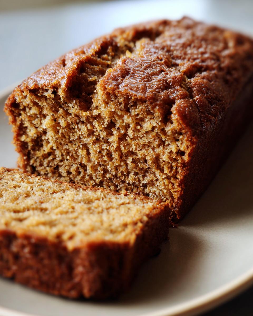 Close-up of a slice of moist healthy whole wheat pumpkin bread on a plate.