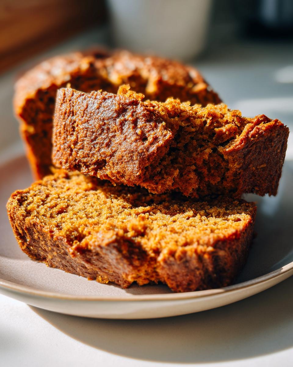 Close-up of two moist slices of Healthy Whole Wheat Pumpkin Bread stacked on a plate.