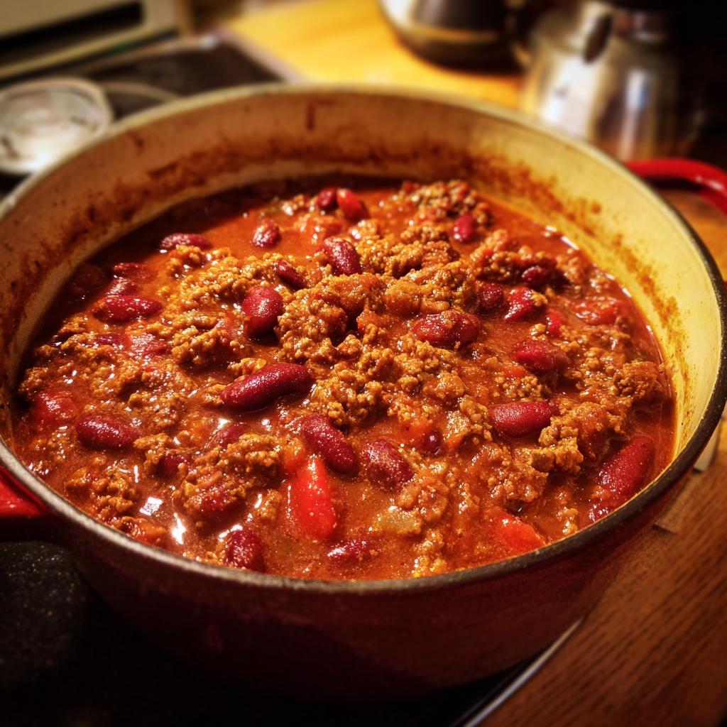 A pot of hearty chili with kidney beans and ground beef, perfect for easy meals.