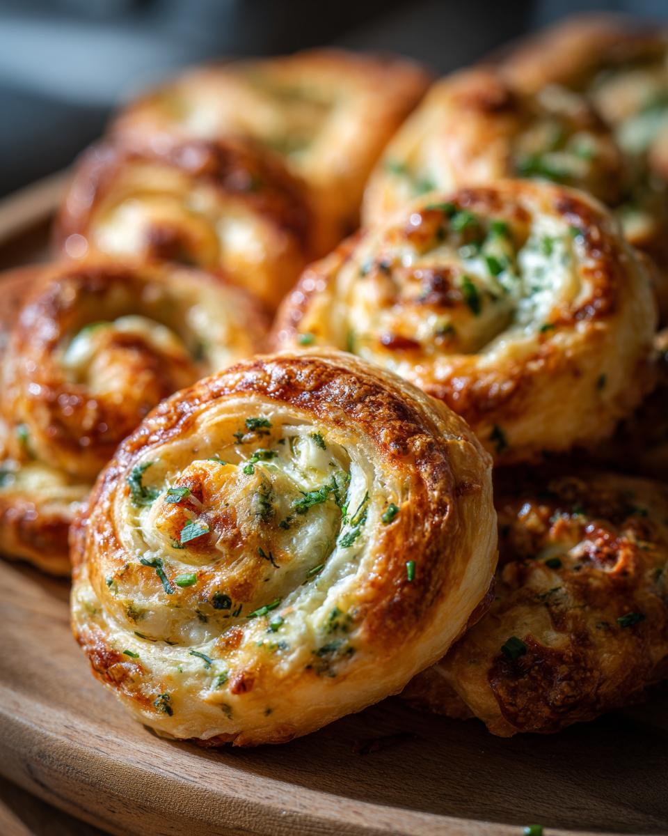 Close up of golden brown herb pinwheels, a perfect party food, on a wooden serving board.