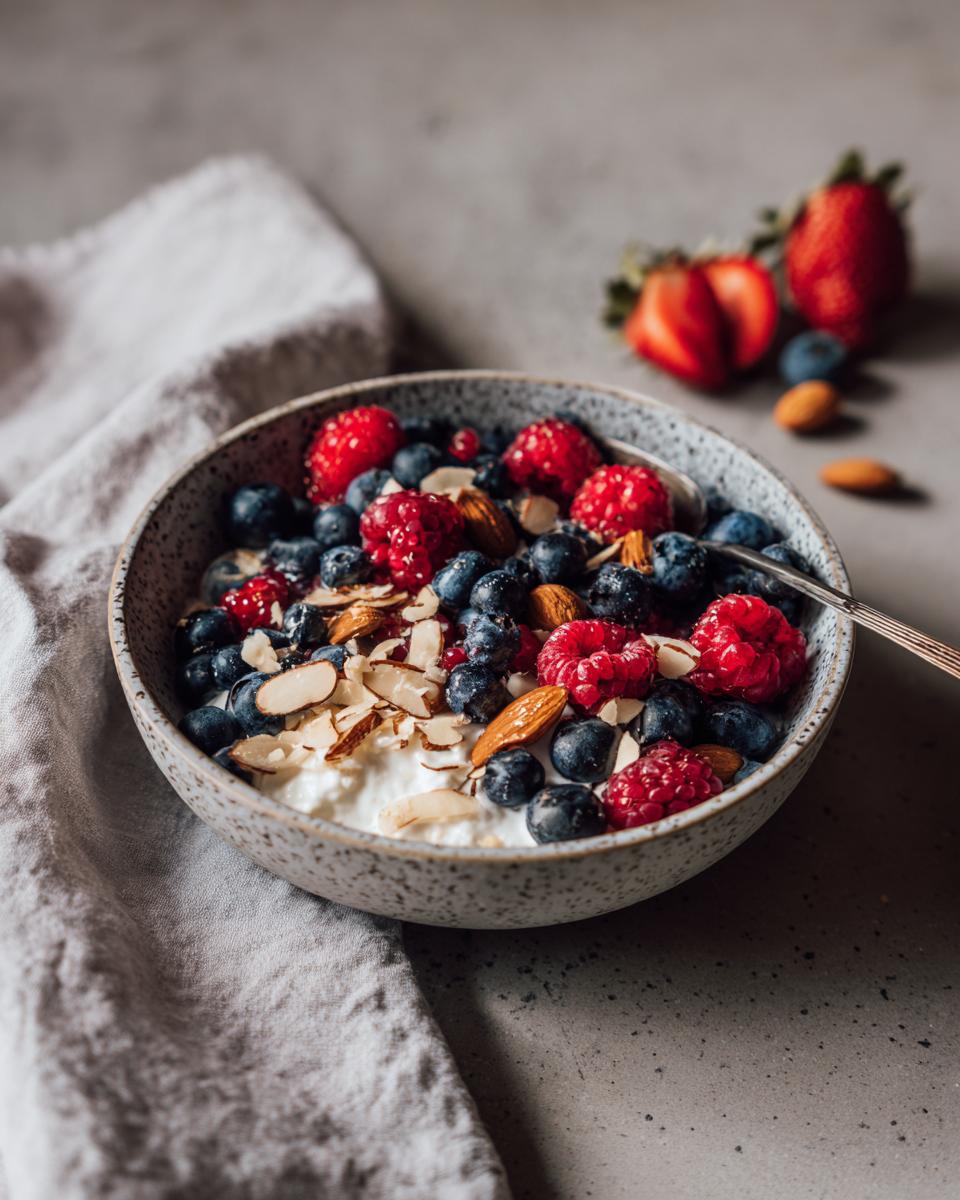 Bowl of cottage cheese topped with blueberries, raspberries, and almonds. A High-Protein Breakfasts for Weight Loss option.