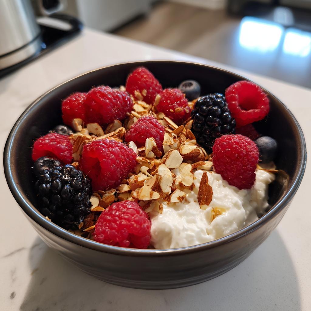 A bowl of high-protein breakfast featuring cottage cheese, raspberries, blackberries, blueberries, and sliced almonds.
