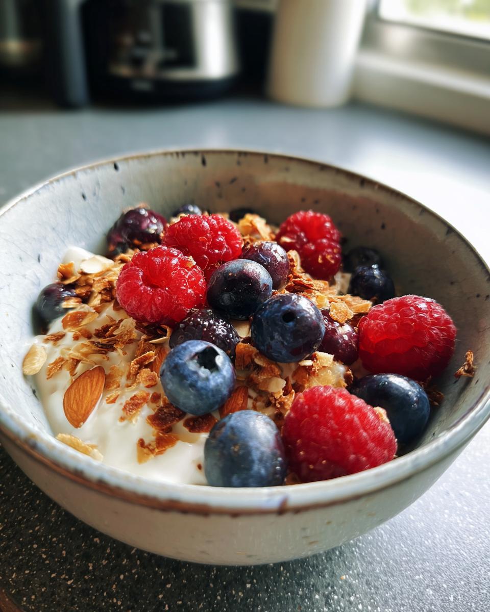 A bowl of yogurt with mixed berries and granola, a delicious high-protein breakfast for weight loss.