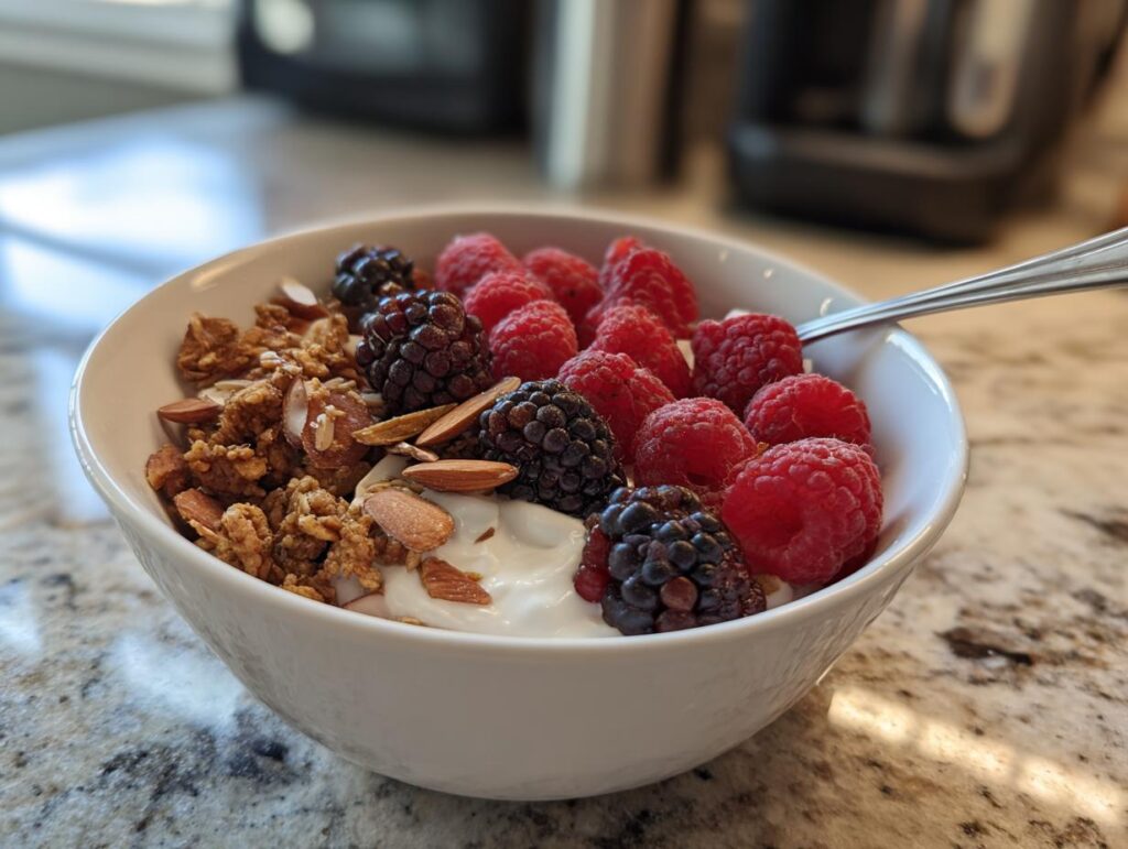 Bowl of yogurt with raspberries, blackberries, granola, and almonds, a High-Protein Breakfast.