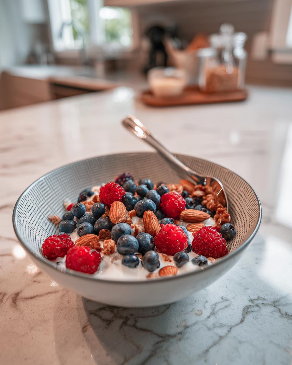 Bowl of yogurt with blueberries, raspberries, almonds, and granola, a delicious high-protein breakfasts option.