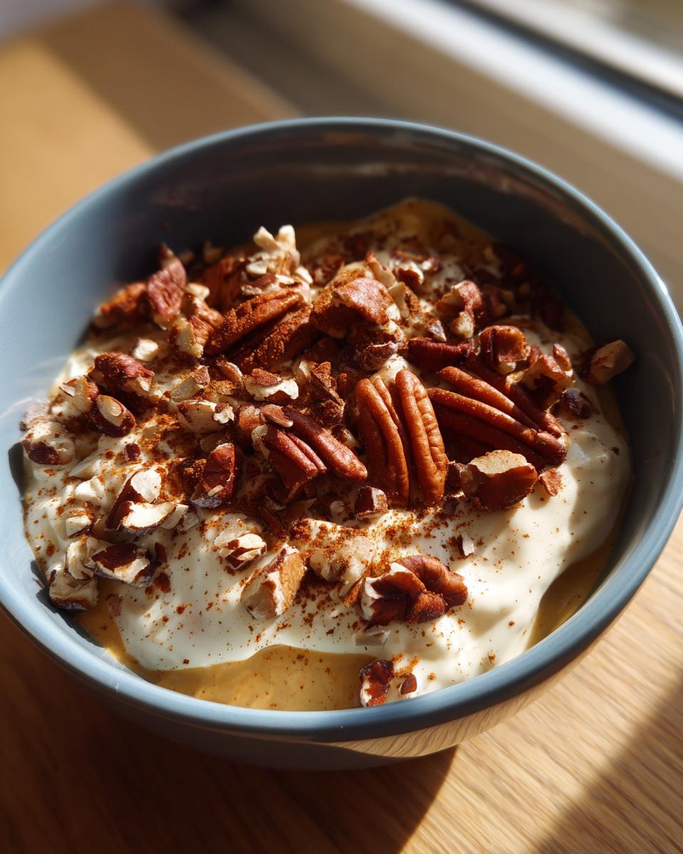 A bowl of high protein fall snack featuring yogurt, pumpkin puree, pecans, and cinnamon.