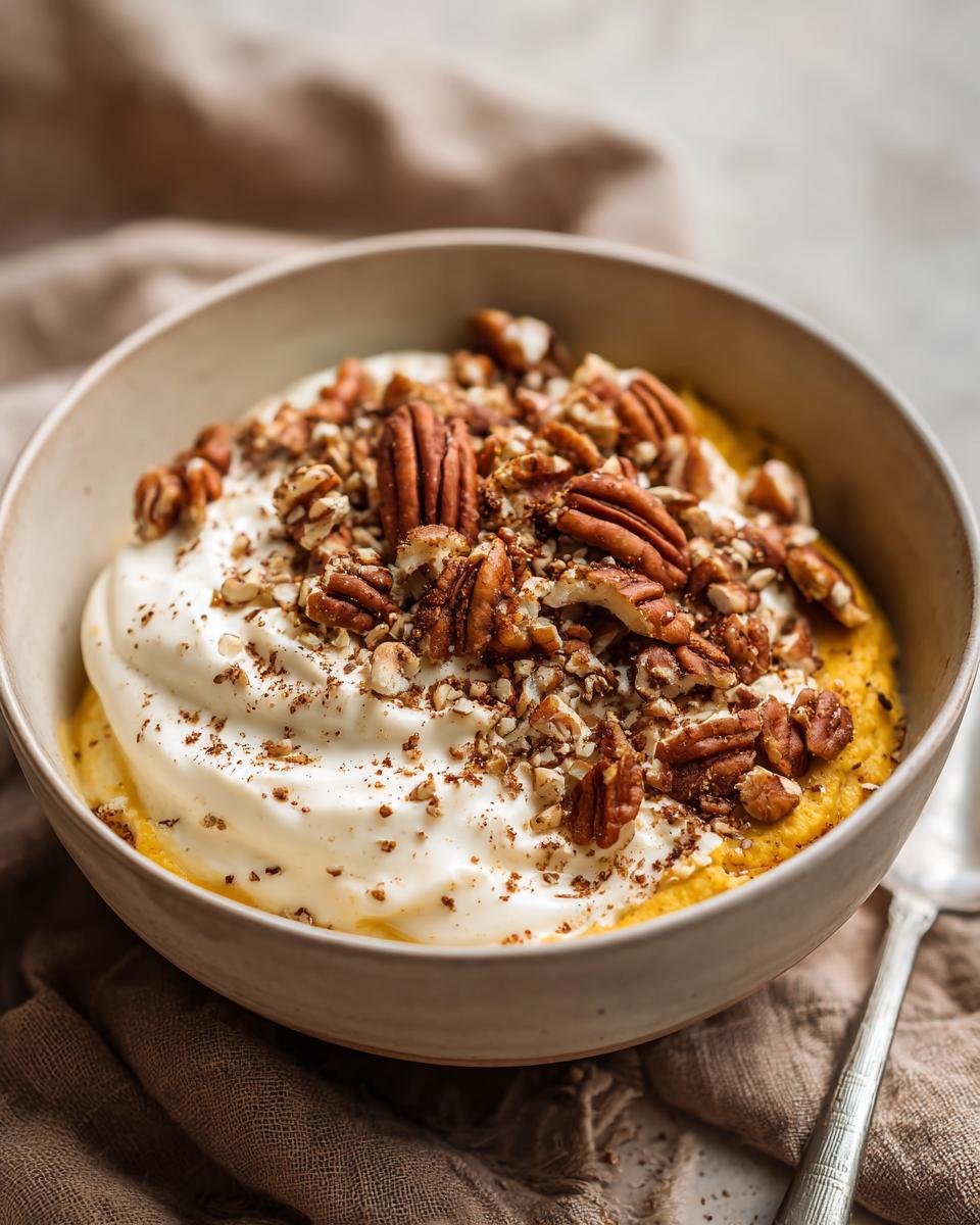 A bowl of high protein fall snack with a creamy base, topped with whipped cream and chopped pecans.