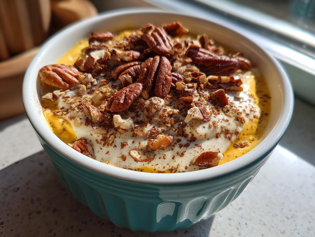 A bowl of high protein fall snacks, featuring a creamy base topped with pecans and a sprinkle of spice.