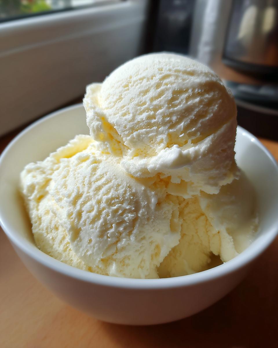 A white bowl filled with scoops of delicious, creamy homemade ice cream.