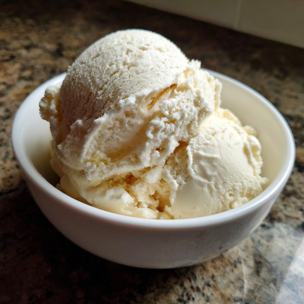 Two scoops of creamy, white homemade ice cream in a white bowl on a brown countertop.