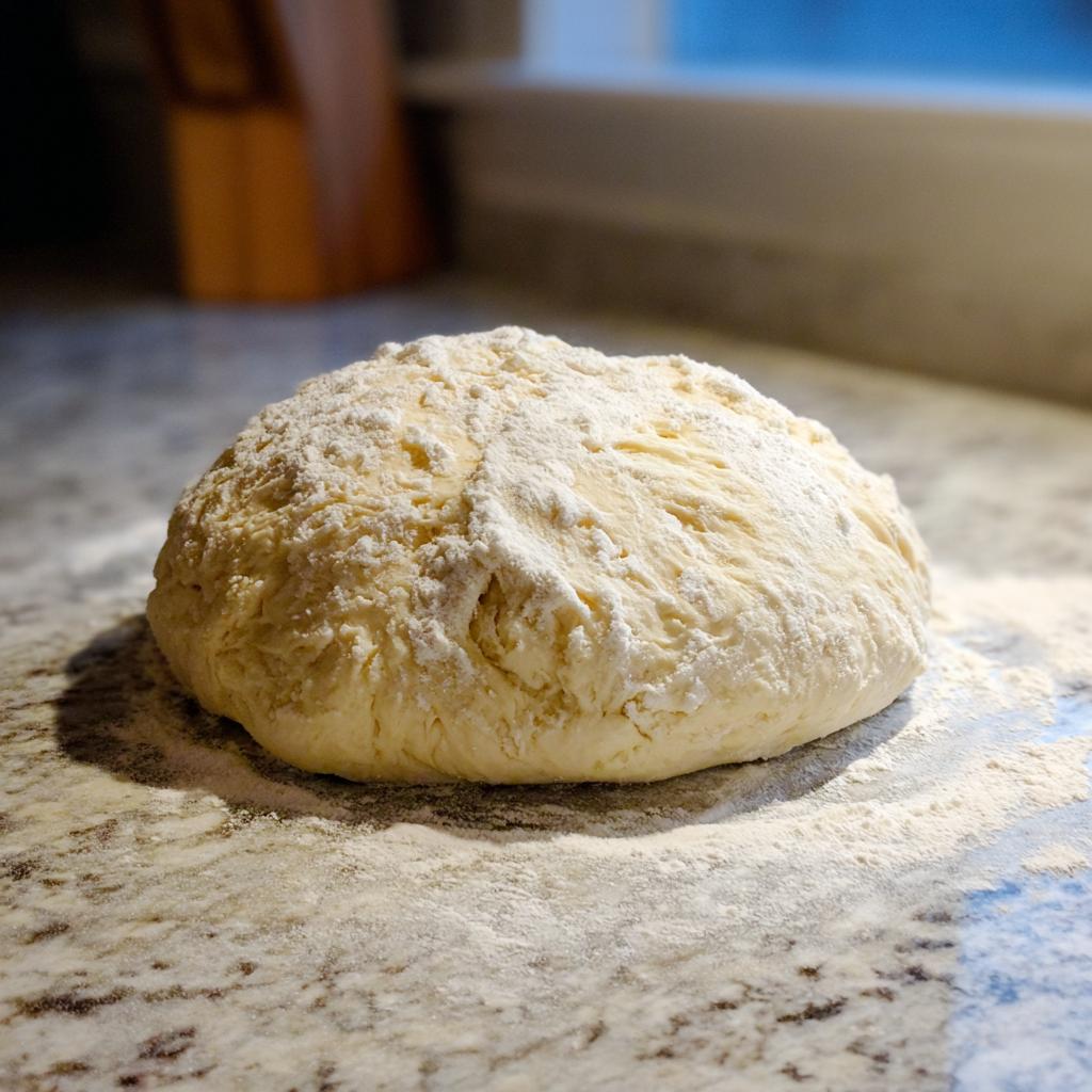 A ball of homemade pizza dough, dusted with flour, sits on a granite countertop.