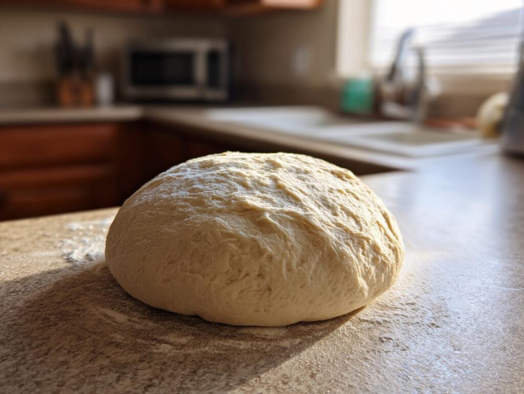 A ball of risen homemade pizza dough sits on a floured countertop, ready to be used.