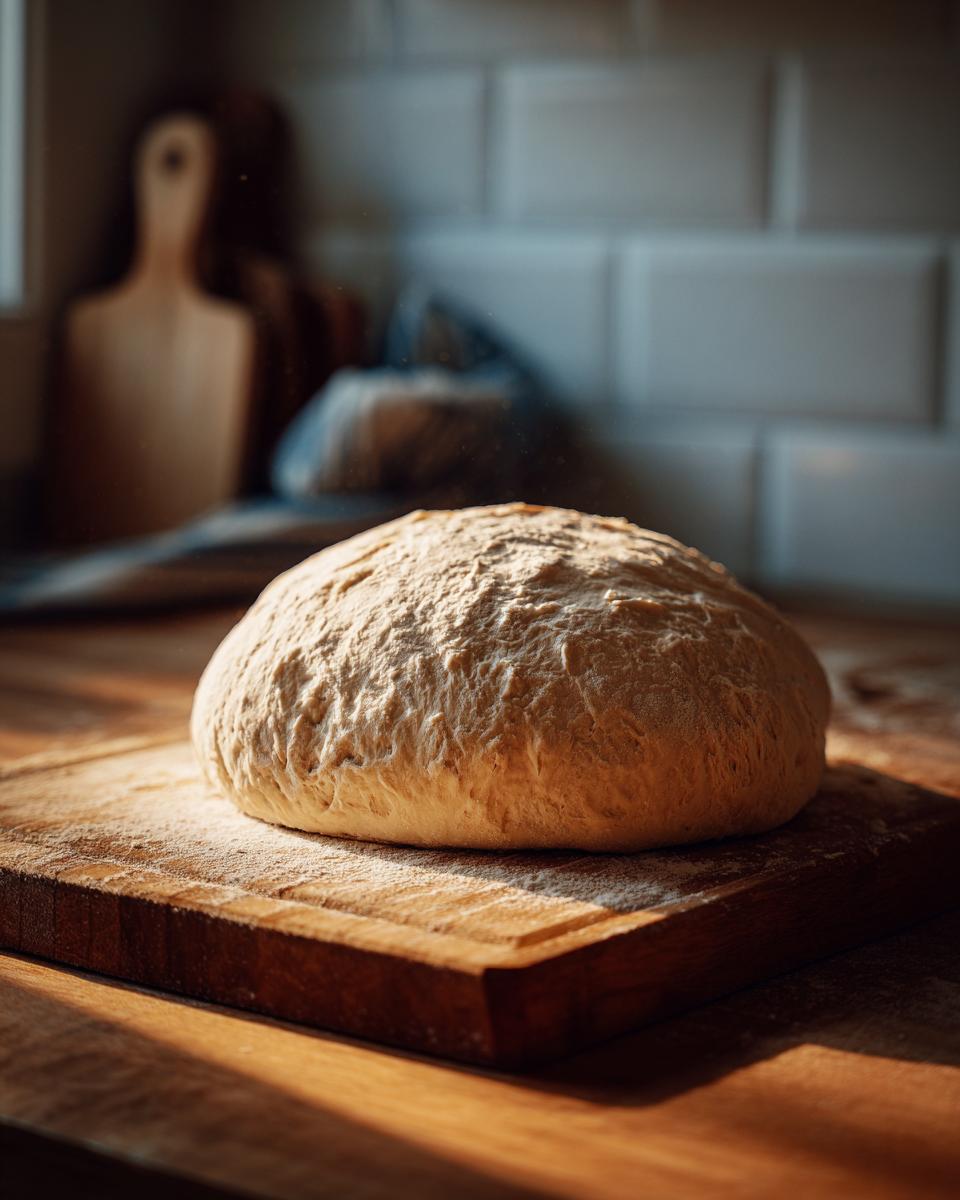 A ball of homemade pizza dough resting on a wooden board, dusted with flour, ready to be used.