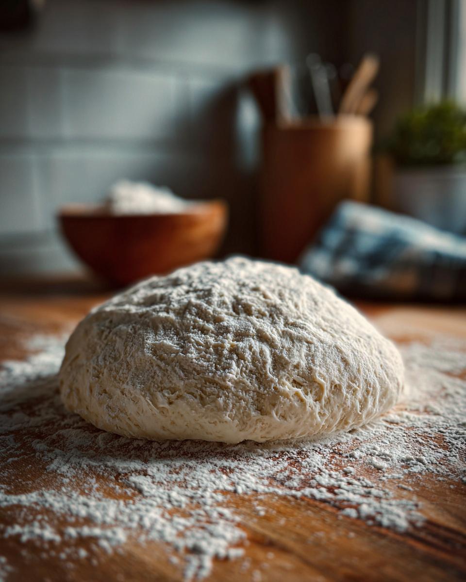 A ball of fresh homemade pizza dough resting on a floured wooden surface.