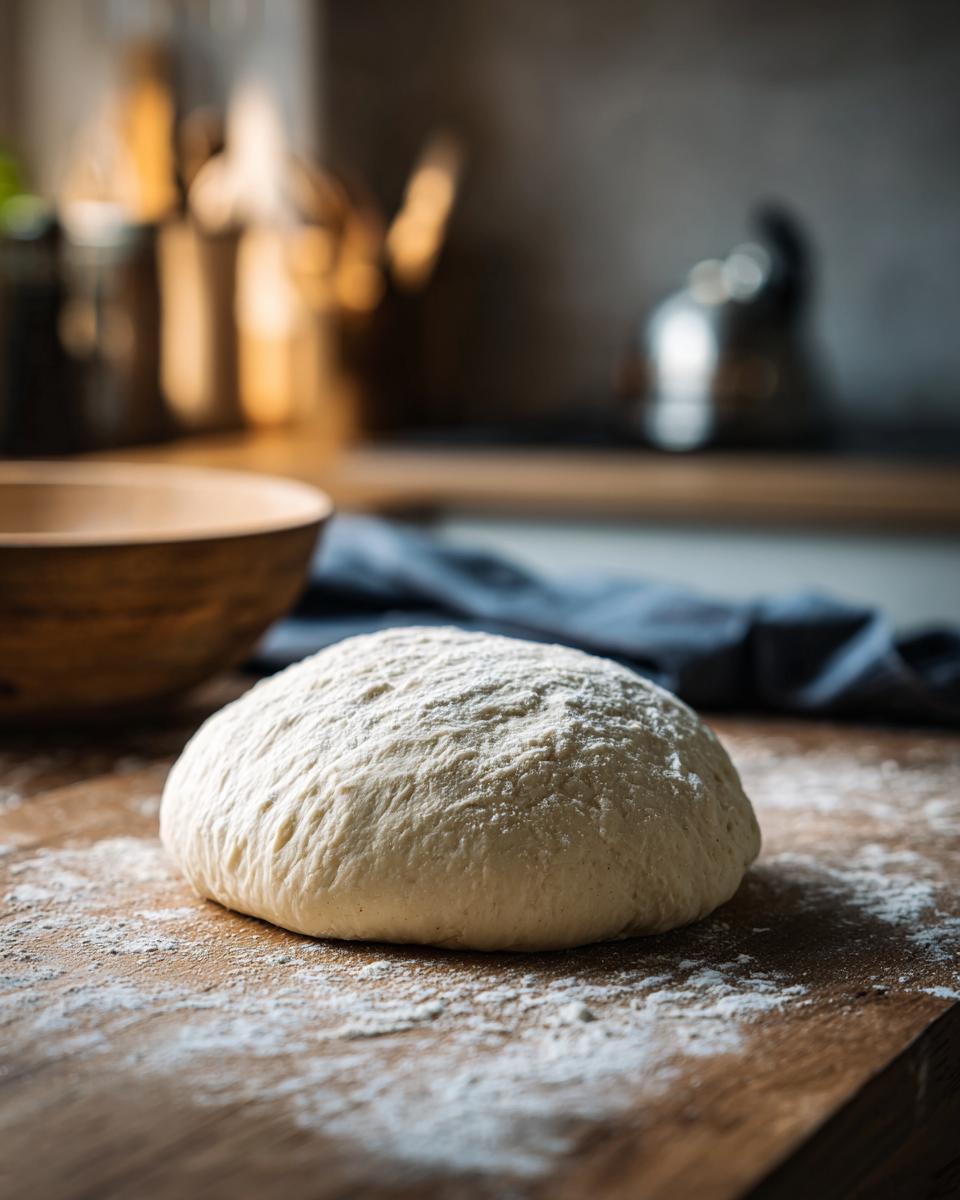 A ball of homemade pizza dough, dusted with flour, resting on a wooden surface.
