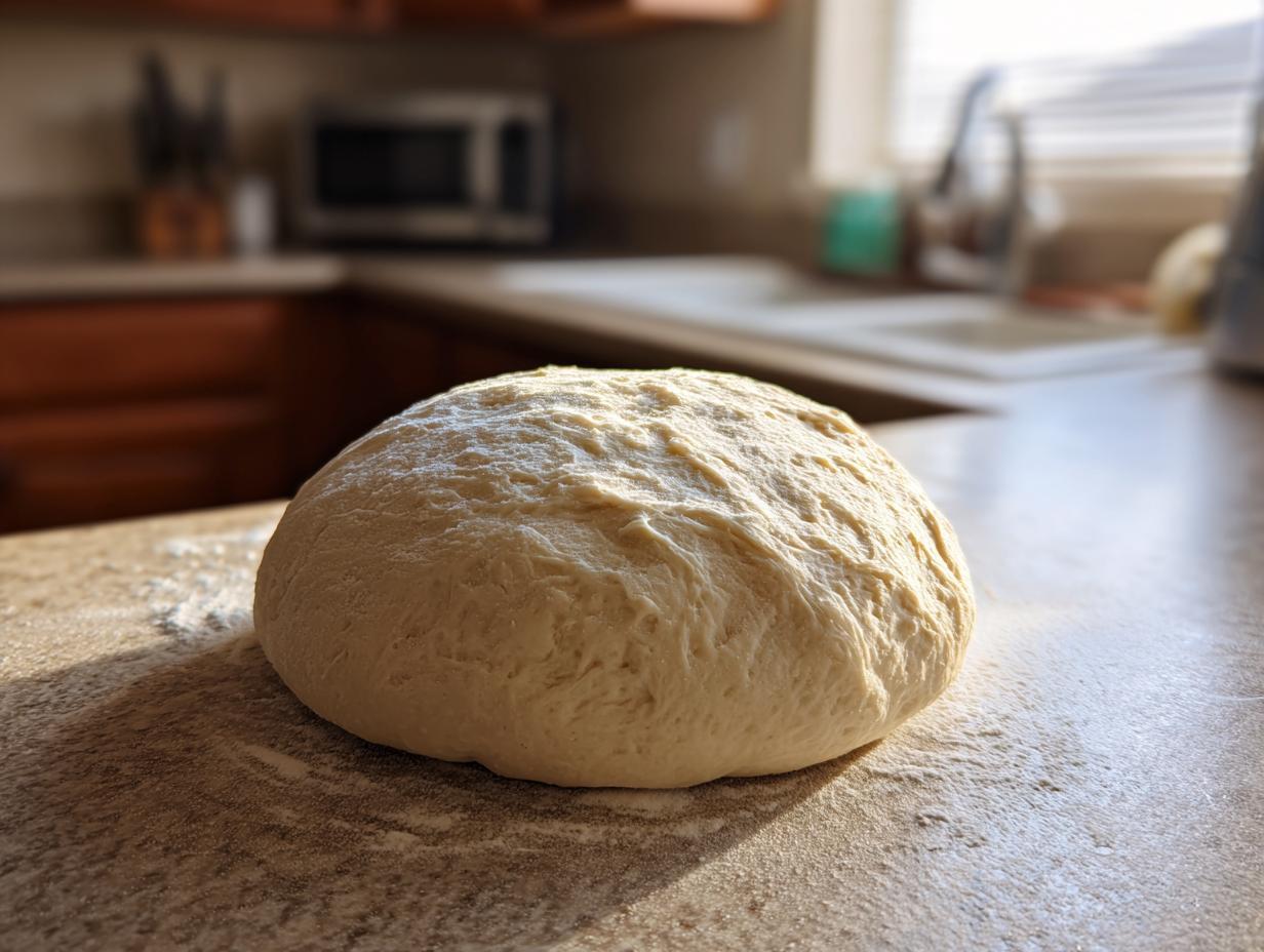 A ball of risen homemade pizza dough sits on a floured countertop, ready to be used.