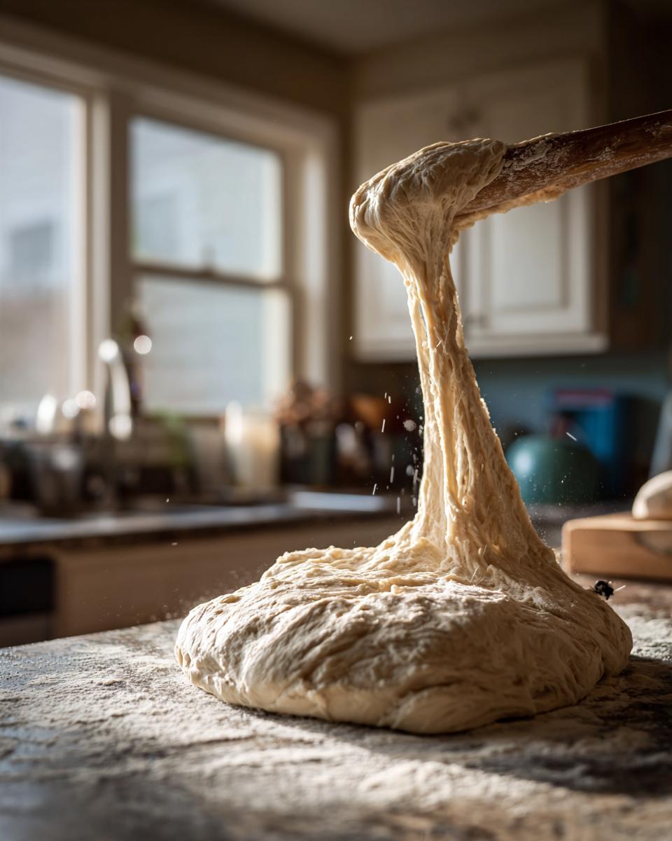 Stretching, elastic homemade pizza dough being lifted with a wooden spoon in a bright kitchen.