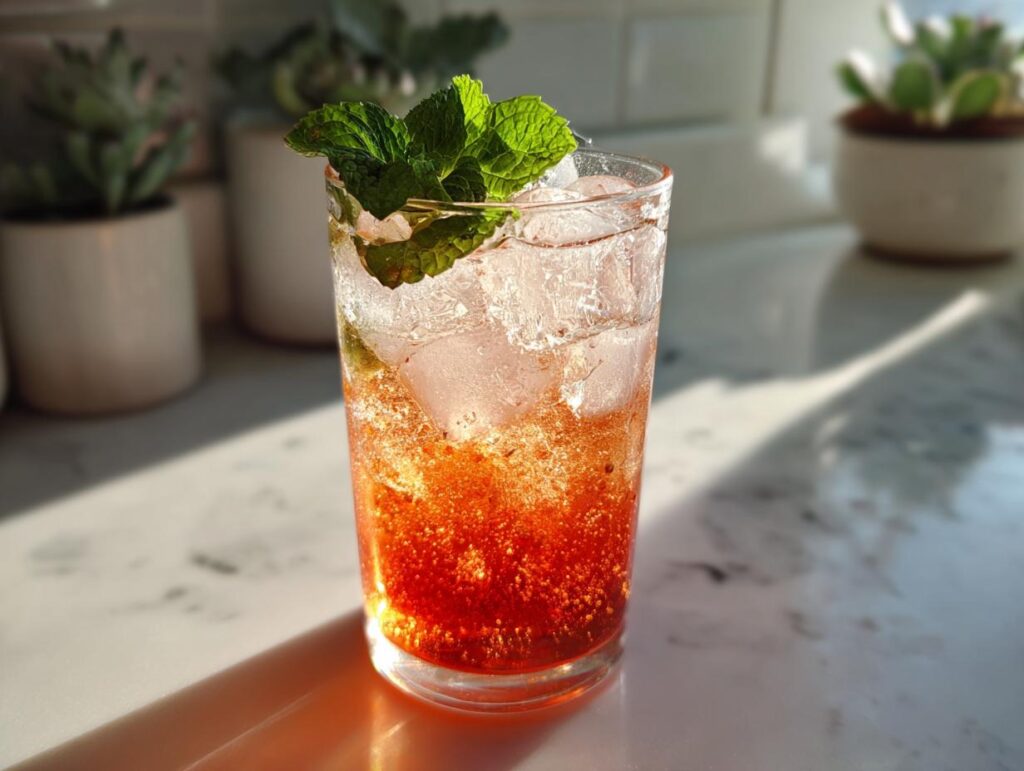 A glass of homemade soda with ice and mint garnish, showcasing its vibrant color and bubbly texture.