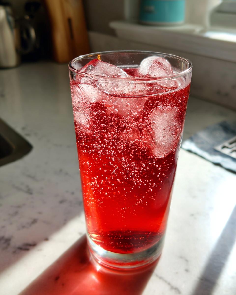 Tall glass of red homemade soda with ice cubes, showing bubbles and condensation.