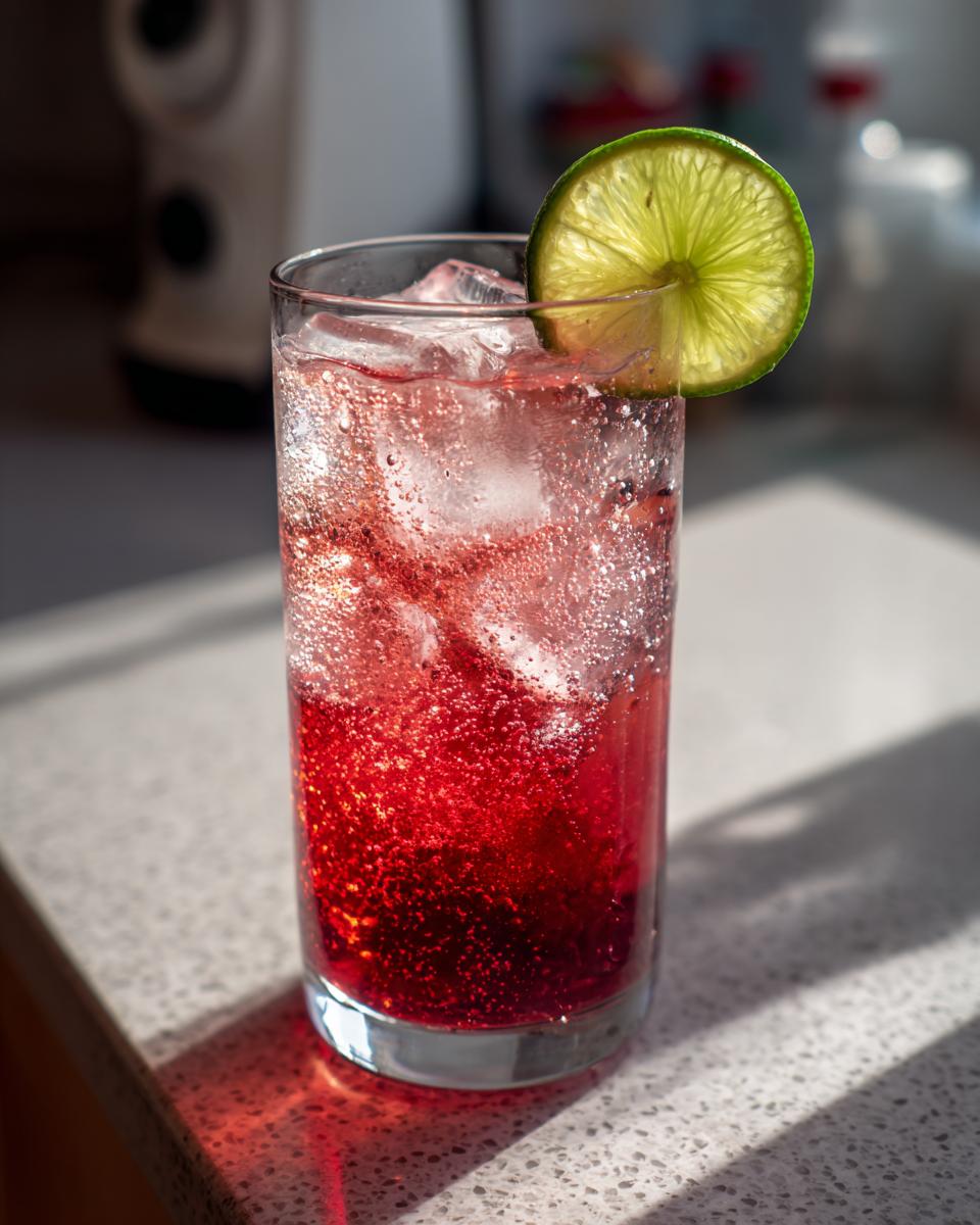 A glass of vibrant red homemade soda with ice and a lime garnish, showcasing its bubbly texture.