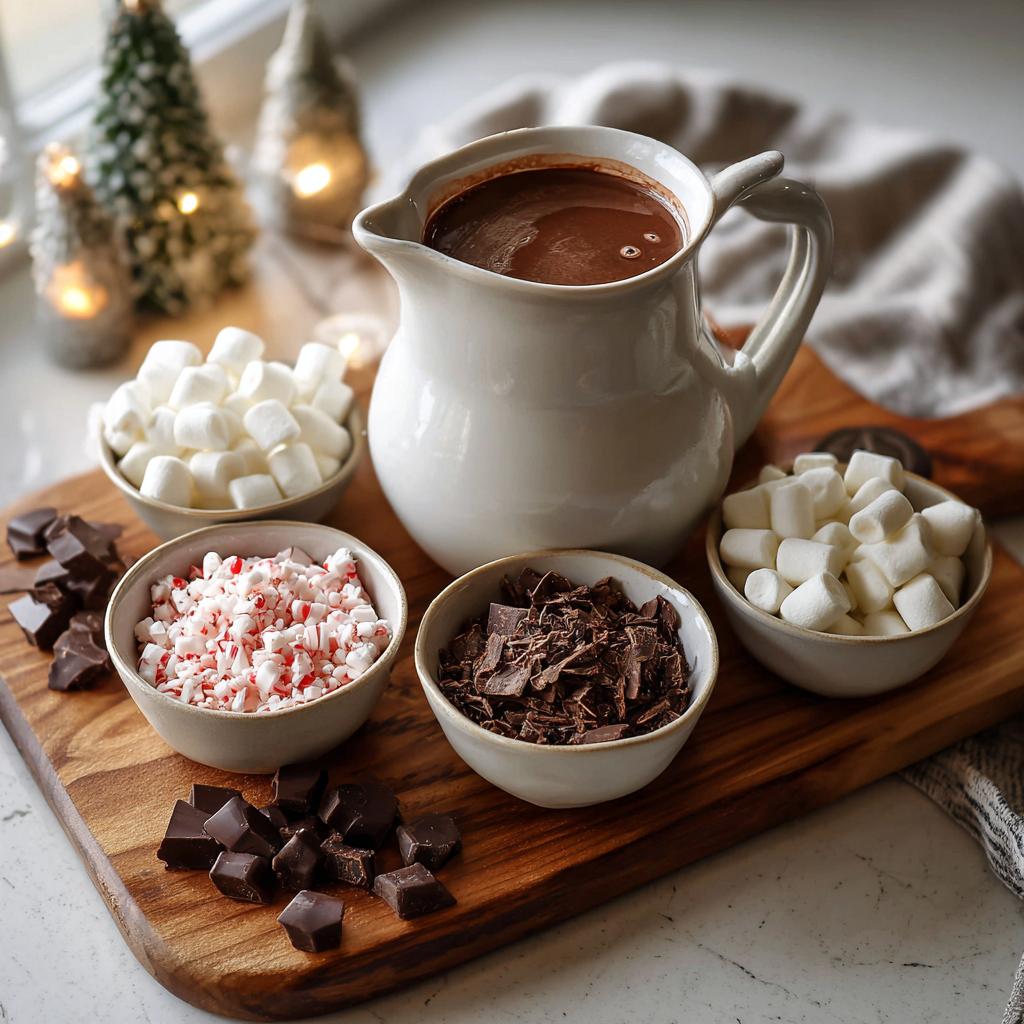 A Hot Chocolate Charcuterie Board with a pitcher of hot chocolate, marshmallows, crushed candy canes, and chocolate shavings.
