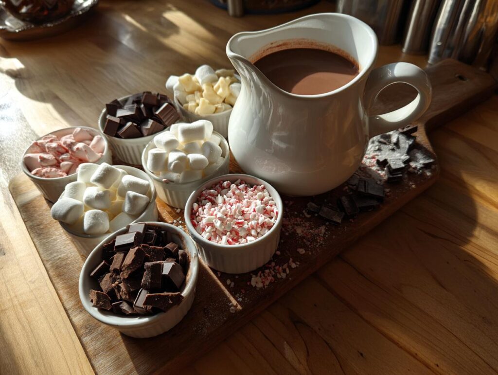 A Hot Chocolate Charcuterie Board featuring a pitcher of hot chocolate and bowls of marshmallows, chocolate chunks, and crushed peppermint.