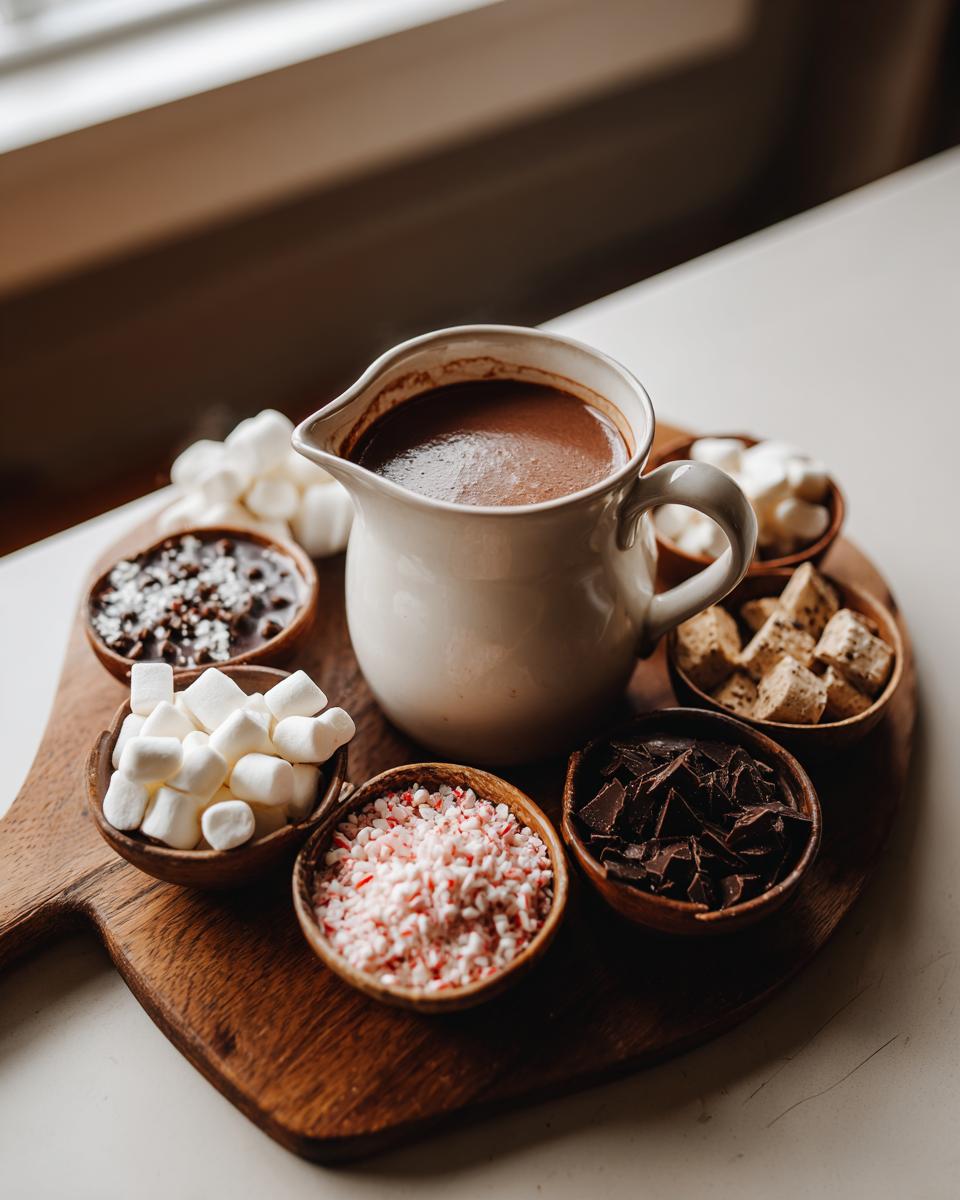 A Hot Chocolate Charcuterie Board featuring a pitcher of hot chocolate surrounded by bowls of marshmallows, chocolate chunks, and peppermint.