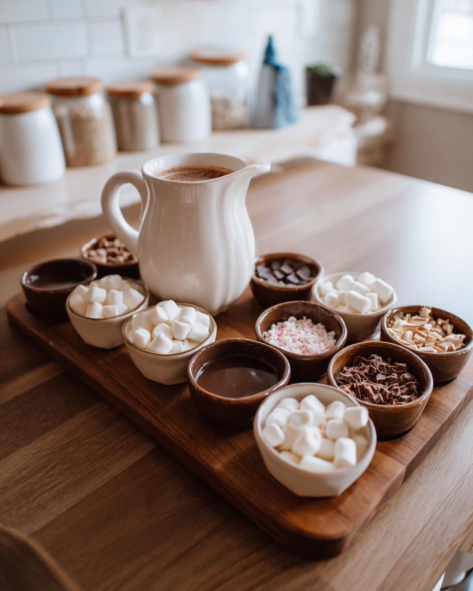A Hot Chocolate Charcuterie Board featuring a pitcher of hot chocolate and various toppings like marshmallows, chocolate shavings, and nuts.