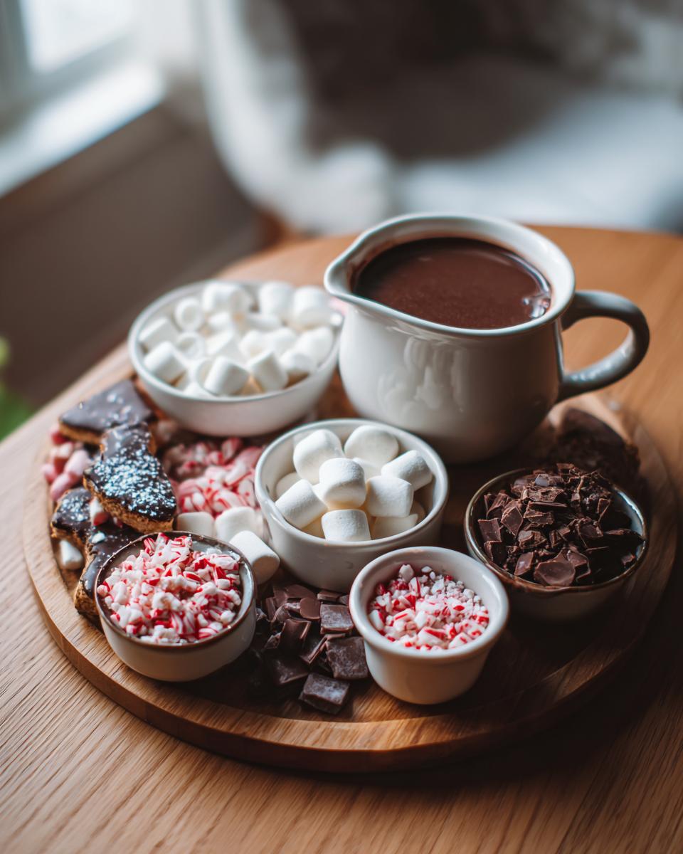 A Hot Chocolate Charcuterie Board featuring a pitcher of hot chocolate, marshmallows, chocolate chunks, and crushed candy canes.