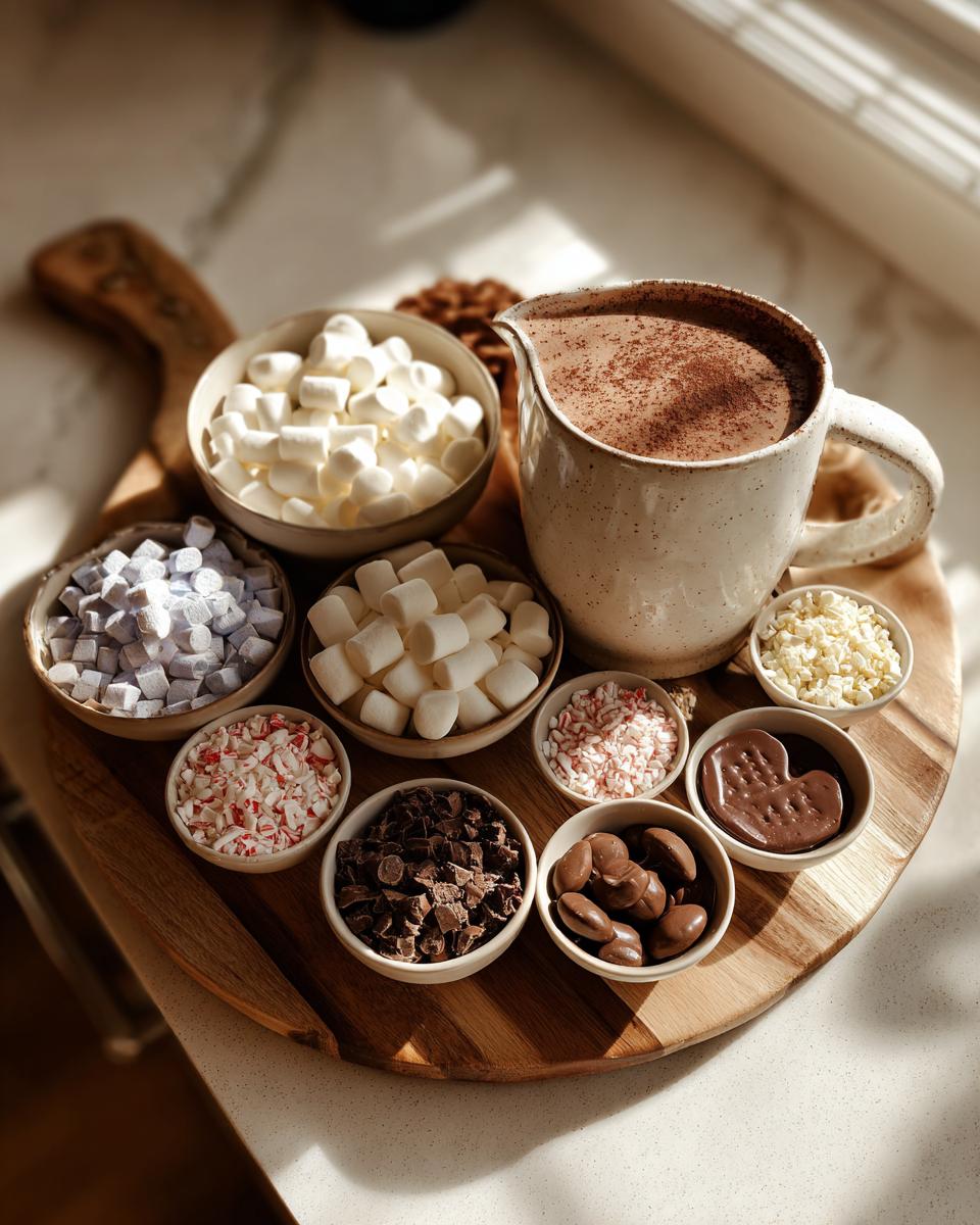 A Hot Chocolate Charcuterie Board featuring a pitcher of hot chocolate and bowls of marshmallows, chocolate chips, and candy cane pieces.