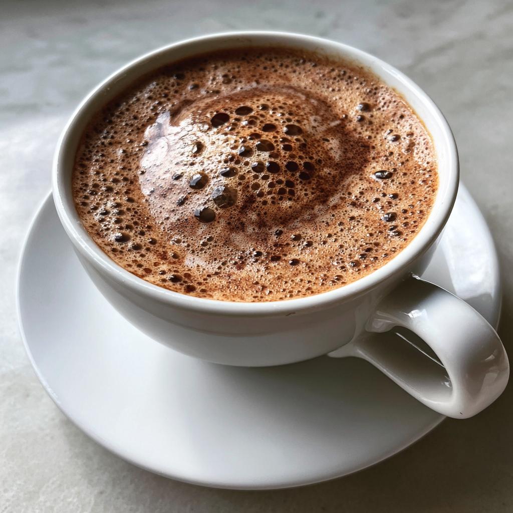 A close-up of a frothy Hot Chocolate Coffee Mocha in a white mug, with swirling foam and bubbles.